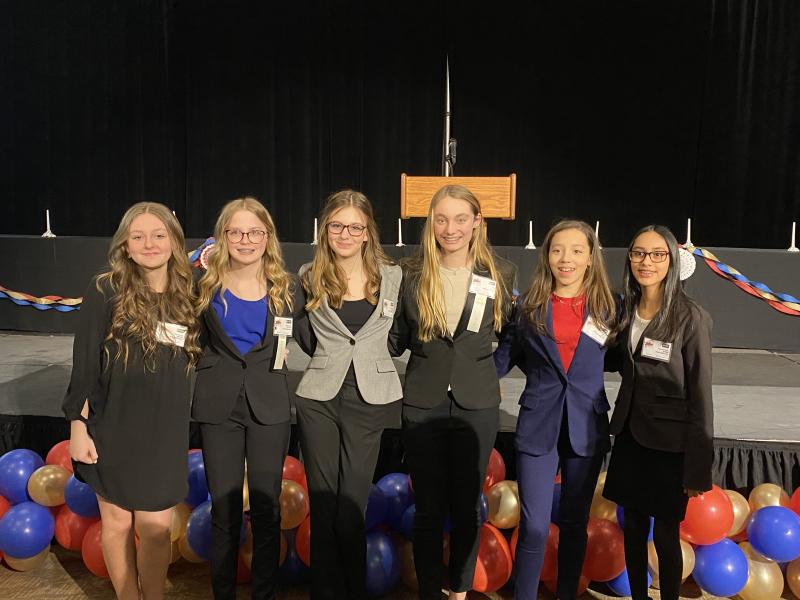 Mariner Middle seventh-graders who attended the state competition are (l-r) Aubrie Sylvester, Hannah Wells, Natalie Longo, Blair Chubb, Mia Scott and Allison Ortiz-Rivera. Teammate Kate Dowd was unavailable for the photo. SUBMITTED PHOTO